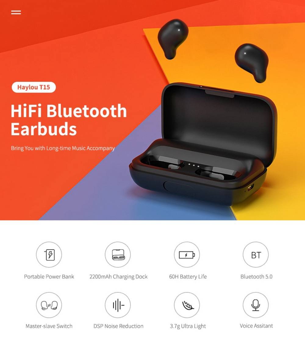 Haylou T15 TWS Беспроводные наушники Bluetooth5.0 Бинауральный вызов Smart Touch HD Stereo с зарядным устройством 2000 мАч Черный