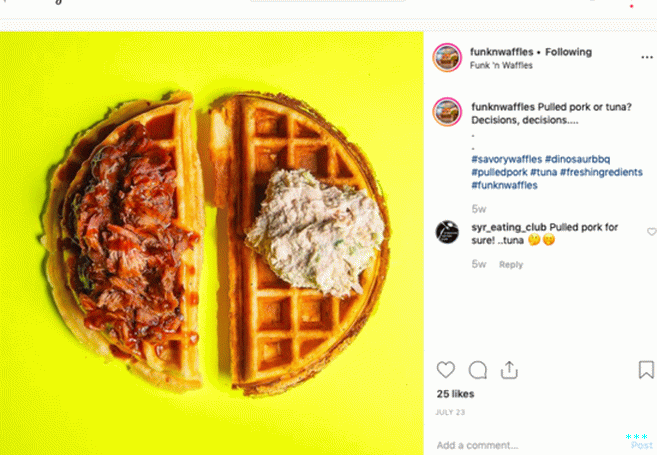 Waffle inspiration can come from anywhere—in this case, Syracuse, Нью-Йорк.  Beloved cafe Funk n' Waffles offers your choice of savory waffles, such as pulled pork- or tuna-topped.